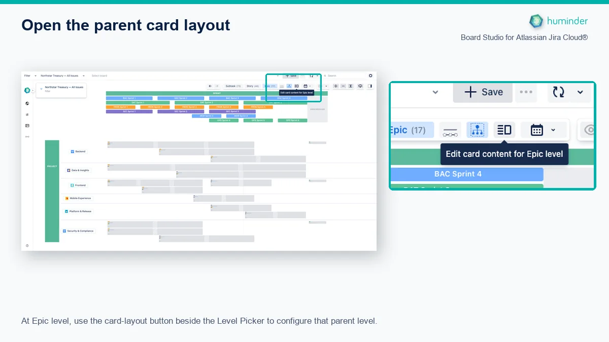 Board Studio Parent Card Layout Entry Board Studio for Atlassian Jira Cloud® Epic Level Picker with the Edit card content for Epic level button highlighted
