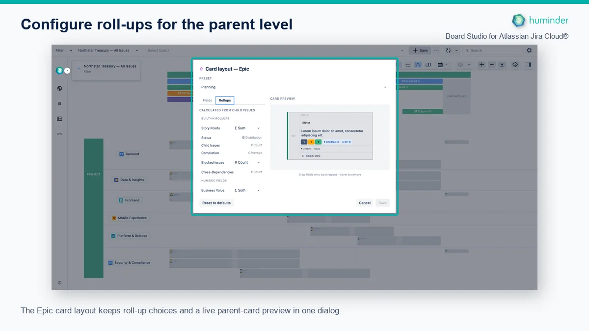 Board Studio Epic Roll-up Configuration Context Board Studio for Atlassian Jira Cloud® with the Epic Card layout Rollups dialog highlighted in board context