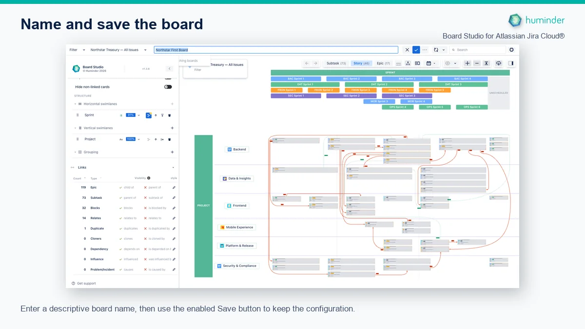 Board Studio for Atlassian Jira Cloud® with the board name Northstar First Board and the Save button enabled