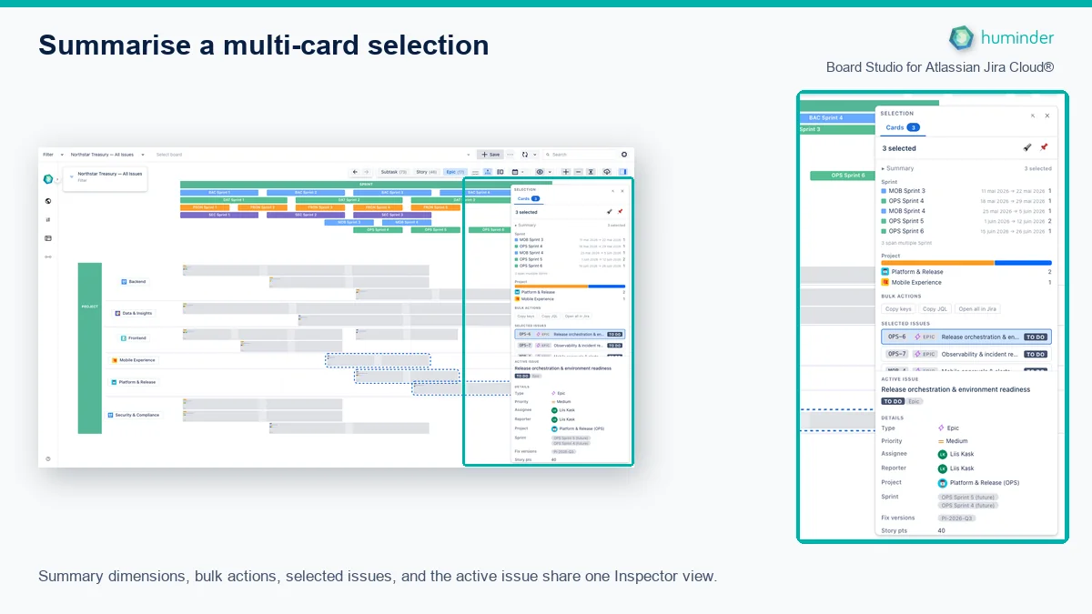 Board Studio for Atlassian Jira Cloud® Inspector summarising OPS-6, OPS-7, and MOB-4