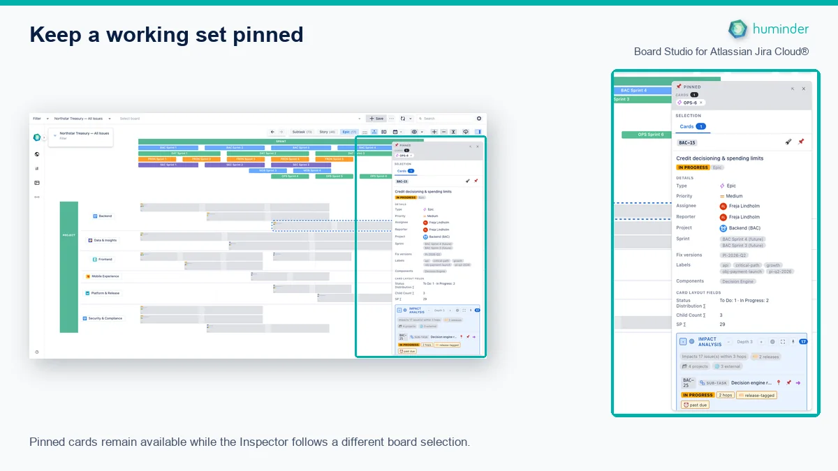 Board Studio for Atlassian Jira Cloud® Inspector with OPS-6 pinned while BAC-15 is selected