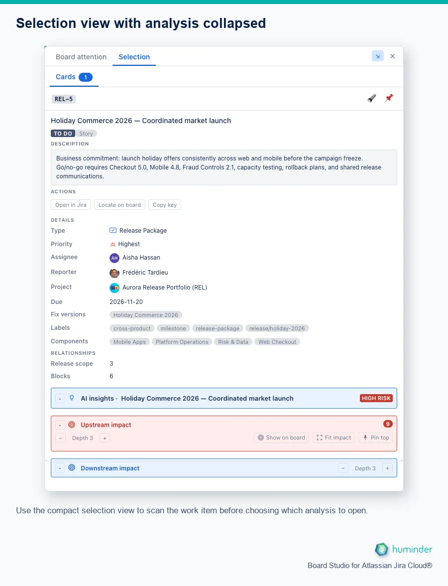 Vertical Board Studio for Atlassian Jira Cloud® Inspector showing the complete Selection view with all analysis sections collapsed