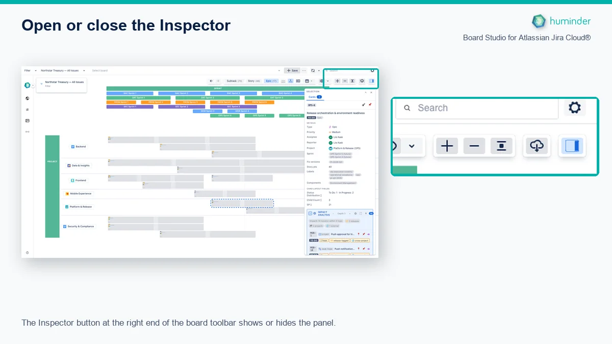 Board Studio for Atlassian Jira Cloud® with the selected Inspector toolbar button located and enlarged