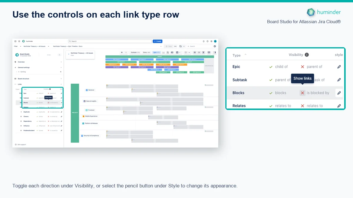 Board Studio for Atlassian Jira Cloud® link rows with outward and inward visibility controls and pencil style buttons