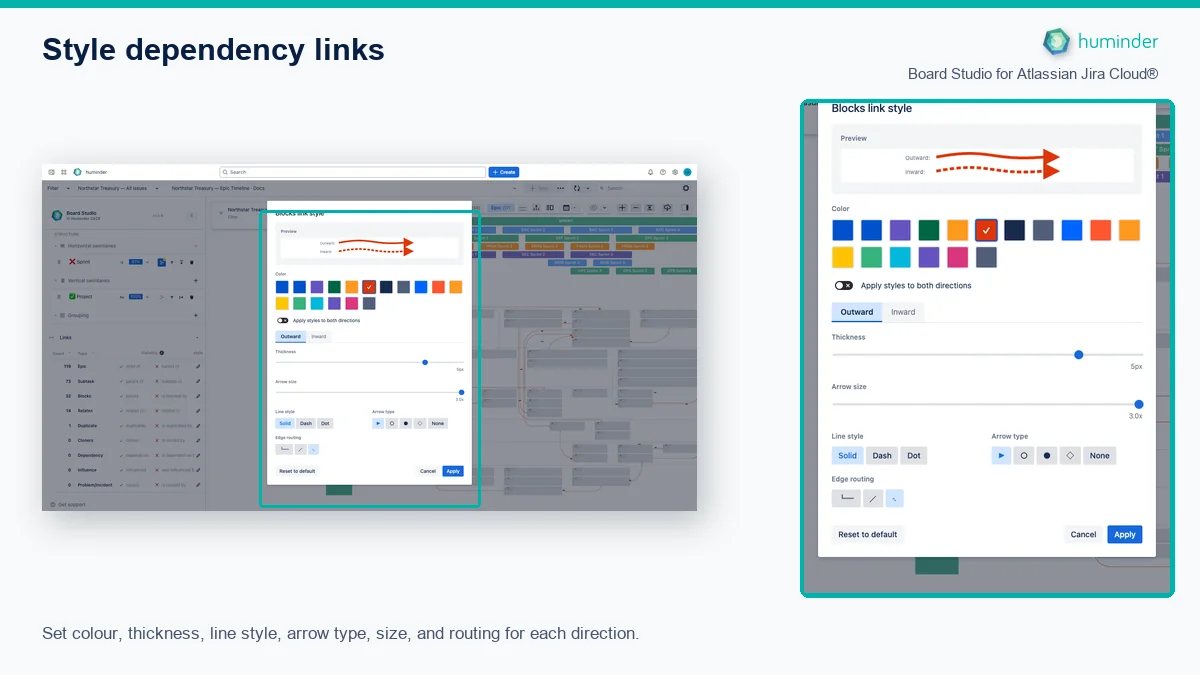 Board Studio for Atlassian Jira Cloud® with the Blocks link style editor open