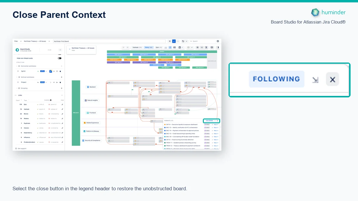 Board Studio for Atlassian Jira Cloud® with the Parent Context close button located and enlarged