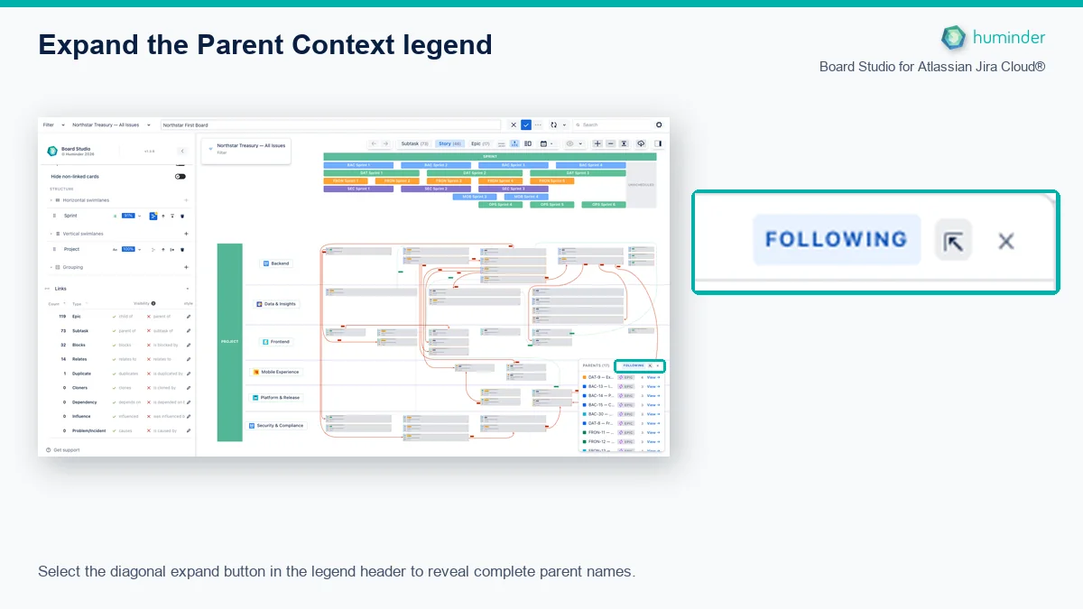Board Studio for Atlassian Jira Cloud® with the Parent Context expand button located and enlarged