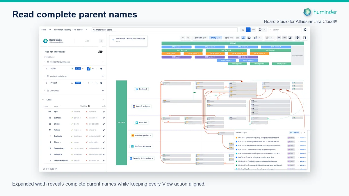 Board Studio for Atlassian Jira Cloud® showing the Parent Context legend at expanded width with complete parent names