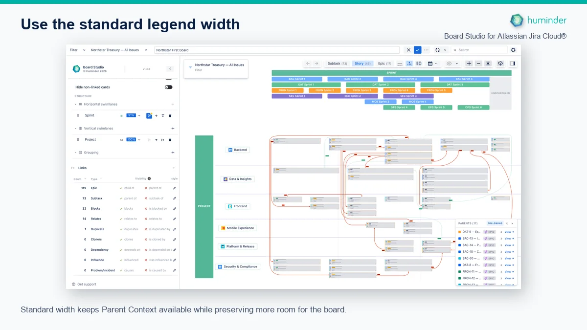 Board Studio for Atlassian Jira Cloud® showing the Parent Context legend at standard width