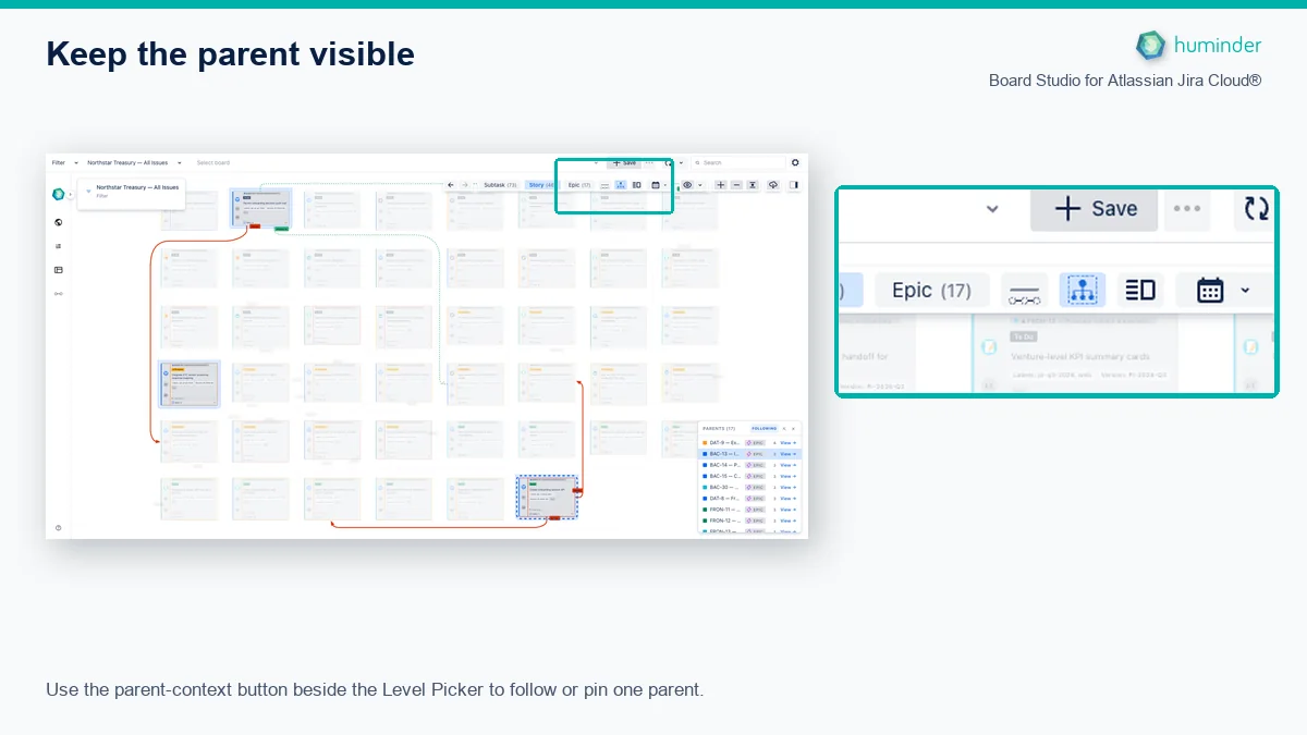 Board Studio for Atlassian Jira Cloud® with Parent Context active and its Level Picker button located and enlarged