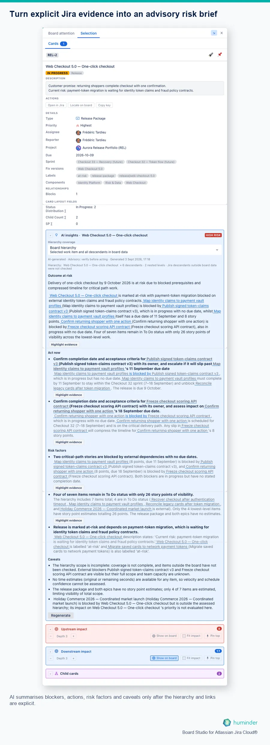 Branded Board Studio AI release risk assessment in Jira Cloud showing outcome, actions, risk factors and evidence caveats
